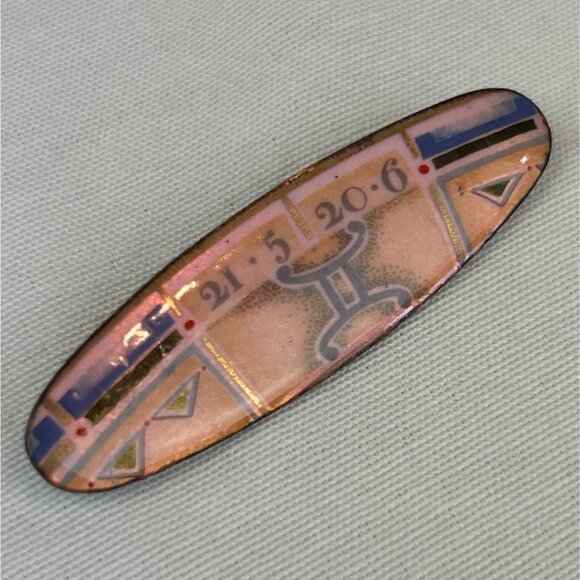 Vintage 80s 90s Enamel Brooch Geometric Design Oval Pin Blue Statement - Picture 2 of 6